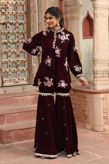 Shop_Ajiesh Oberoi_Wine Velvet Beads, Embroidery Mandarin Collar Floral Kurta Set _Online_at_Aza_Fashions