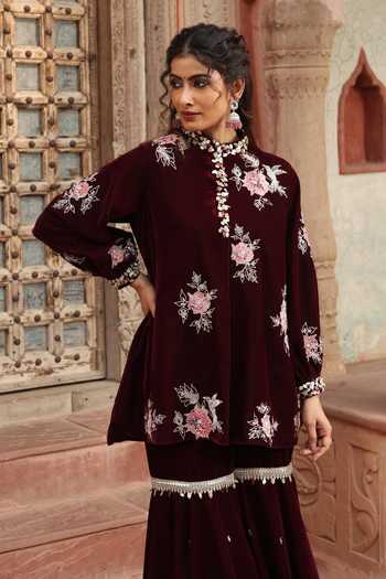 Ajiesh Oberoi_Wine Velvet Beads, Embroidery Mandarin Collar Floral Kurta Set _at_Aza_Fashions