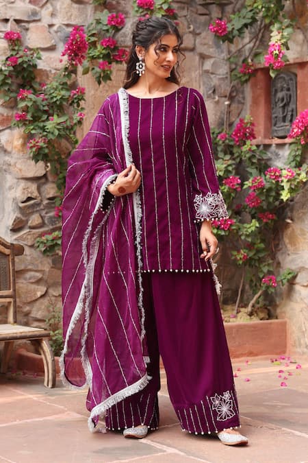 Ajiesh Oberoi Velvet Vertical Zari Work Kurta Palazzo Set 