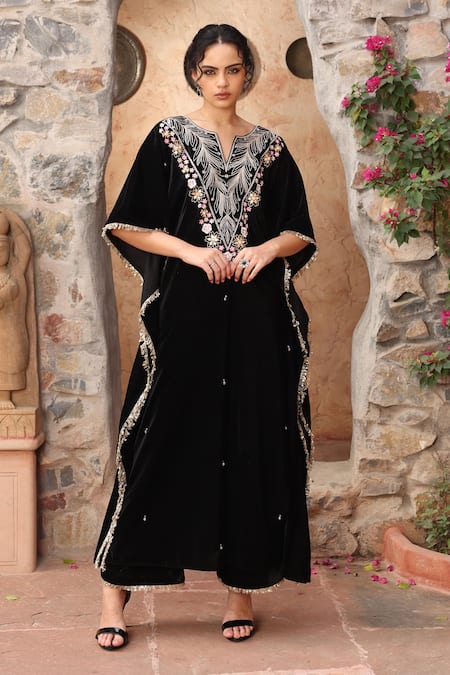 Ajiesh Oberoi Velvet Floral Embroidered Kaftan & Palazzo Set 