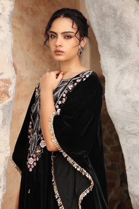 Ajiesh Oberoi_Black Velvet Embroidery, Fringe Split V-neck Floral Kaftan And Palazzo _Online_at_Aza_Fashions