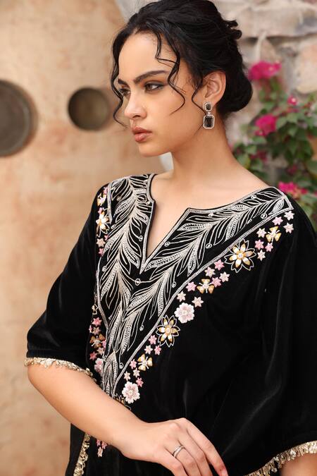 Shop_Ajiesh Oberoi_Black Velvet Embroidery, Fringe Split V-neck Floral Kaftan And Palazzo _Online_at_Aza_Fashions