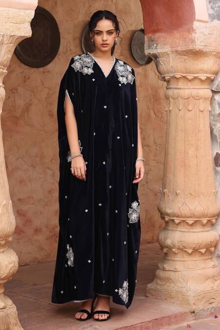 Ajiesh Oberoi_Blue Velvet Sequins, Beads V-neck Navy Embroidered Kaftan And Pant Set _Online_at_Aza_Fashions