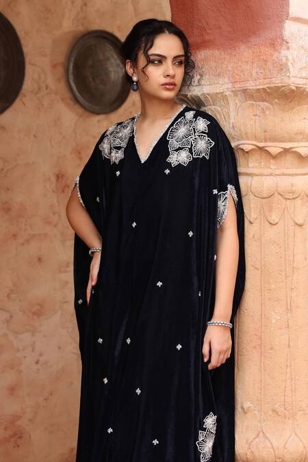 Buy_Ajiesh Oberoi_Blue Velvet Sequins, Beads V-neck Navy Embroidered Kaftan And Pant Set _Online_at_Aza_Fashions