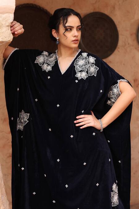 Shop_Ajiesh Oberoi_Blue Velvet Sequins, Beads V-neck Navy Embroidered Kaftan And Pant Set _Online_at_Aza_Fashions