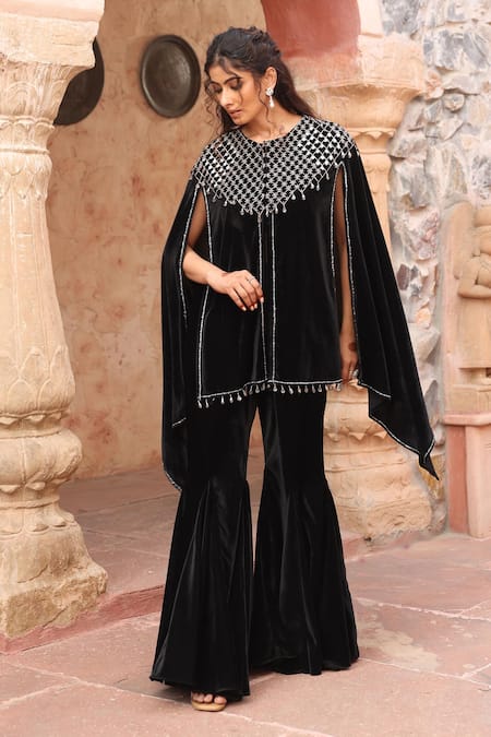 Ajiesh Oberoi Velvet Geometric Embroidered Cape & Pant Set 