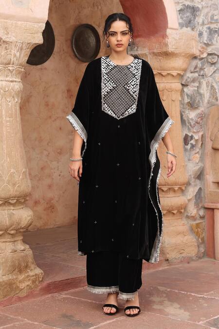 Buy Ajiesh Oberoi Black Velvet Fringe Round Neck Geometric Embroidered Kaftan And Pant Online at Aza Fashions Buy_Ajiesh Oberoi_Black Velvet Fringe Round Neck Geometric Embroidered Kaftan And Pant _Online_at_Aza_Fashions