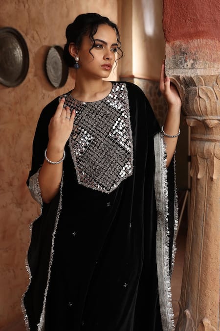 Shop Ajiesh Oberoi Black Velvet Fringe Round Neck Geometric Embroidered Kaftan And Pant Online at Aza Fashions Shop_Ajiesh Oberoi_Black Velvet Fringe Round Neck Geometric Embroidered Kaftan And Pant _Online_at_Aza_Fashions