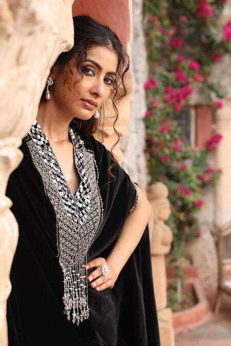 Shop_Ajiesh Oberoi_Black Velvet Cape And Pant Set _Online_at_Aza_Fashions