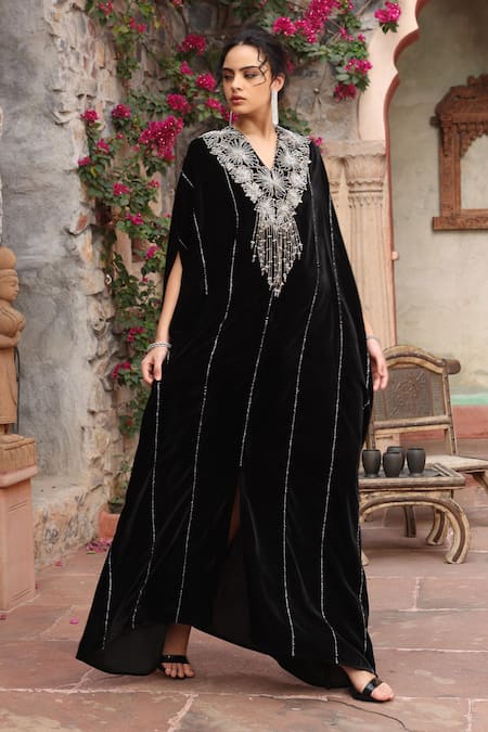 Ajiesh Oberoi_Black Velvet Beads V-neck Floral Embroidered Kaftan _Online_at_Aza_Fashions