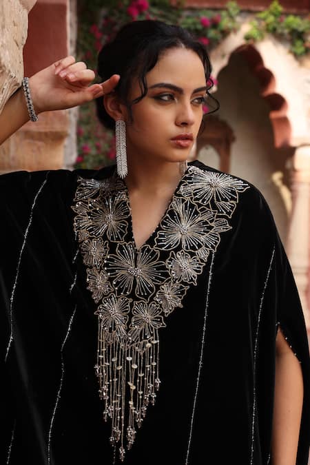 Shop_Ajiesh Oberoi_Black Velvet Beads V-neck Floral Embroidered Kaftan _Online_at_Aza_Fashions