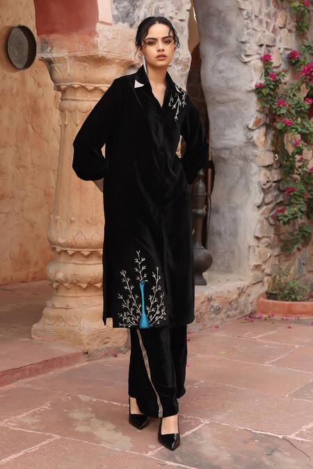 Ajiesh Oberoi Black Velvet Embroidery Collared Peacock Kurta And Pant Set Online at Aza Fashions Ajiesh Oberoi_Black Velvet Embroidery Collared Peacock Kurta And Pant Set _Online_at_Aza_Fashions