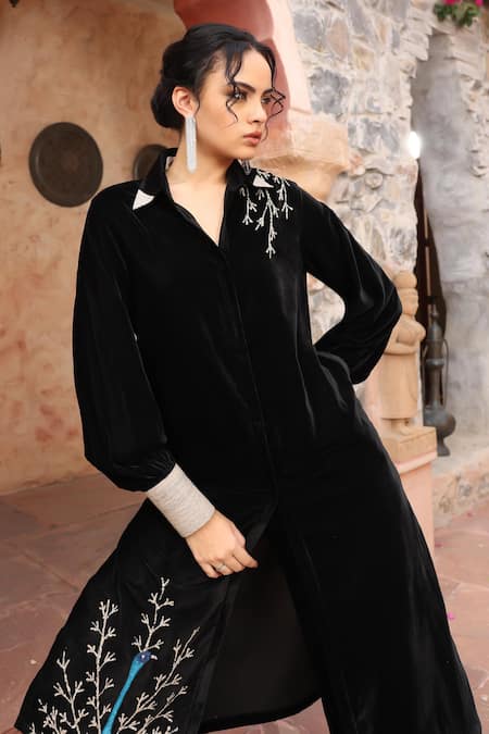 Shop Ajiesh Oberoi Black Velvet Embroidery Collared Peacock Kurta And Pant Set Online at Aza Fashions Shop_Ajiesh Oberoi_Black Velvet Embroidery Collared Peacock Kurta And Pant Set _Online_at_Aza_Fashions
