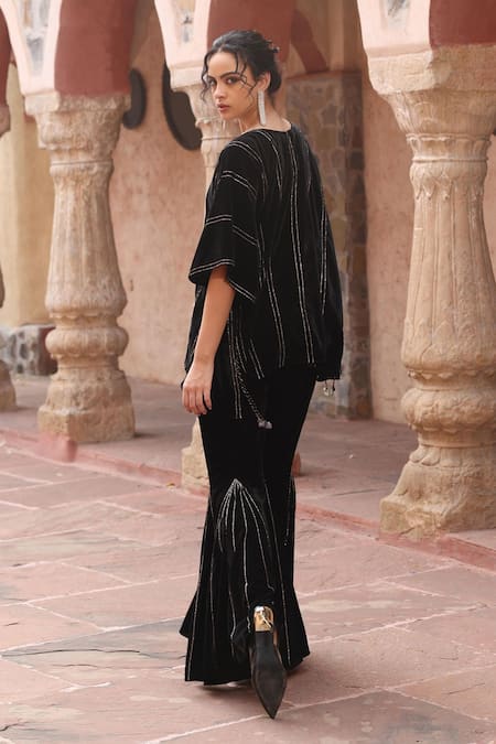 Ajiesh Oberoi Black Velvet Geometric Embroidered Kaftan & Pant 