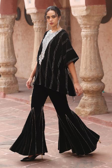 Buy Ajiesh Oberoi Black Velvet Beads, Zari Round Neck Geometric Embroidered Kaftan And Pant Online at Aza Fashions Buy_Ajiesh Oberoi_Black Velvet Beads, Zari Round Neck Geometric Embroidered Kaftan And Pant _Online_at_Aza_Fashions