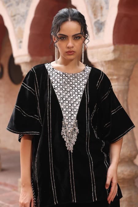 Shop Ajiesh Oberoi Black Velvet Beads, Zari Round Neck Geometric Embroidered Kaftan And Pant Online at Aza Fashions Shop_Ajiesh Oberoi_Black Velvet Beads, Zari Round Neck Geometric Embroidered Kaftan And Pant _Online_at_Aza_Fashions