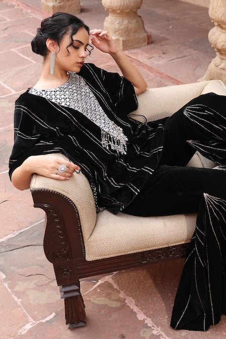 Ajiesh Oberoi Black Velvet Beads, Zari Round Neck Geometric Embroidered Kaftan And Pant at Aza Fashions Ajiesh Oberoi_Black Velvet Beads, Zari Round Neck Geometric Embroidered Kaftan And Pant _at_Aza_Fashions