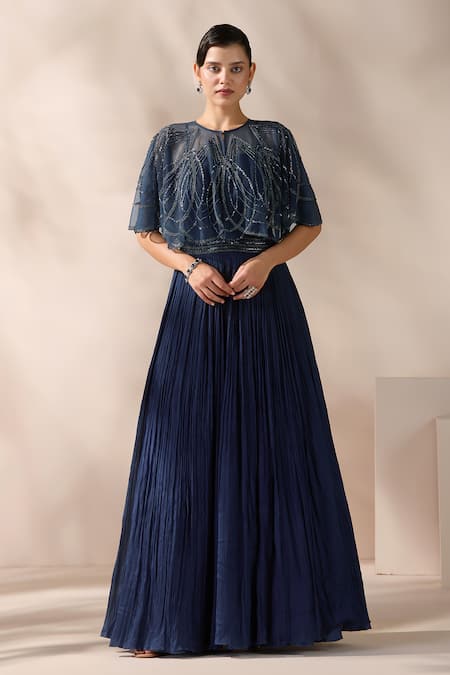 Chaashni by Maansi and Ketan Blue Sequin Embroidered Gown & Cape 