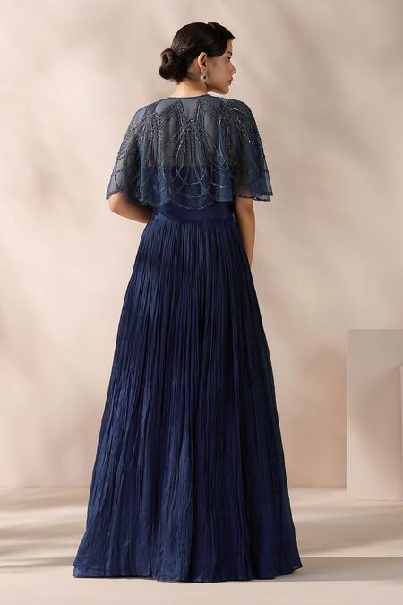 Chaashni By Maansi And Ketan Blue Sequin Embroidered Gown & Cape 