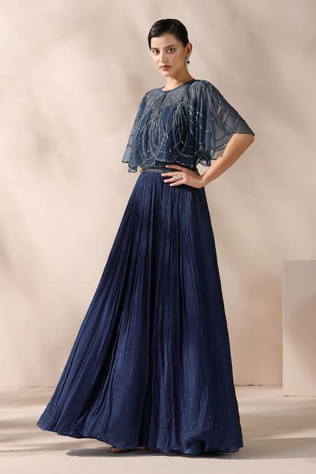 Buy_Chaashni By Maansi And Ketan_Blue Net, Chiffon Sequins, Beads Embroidered Gown And Cape _Online_at_Aza_Fashions