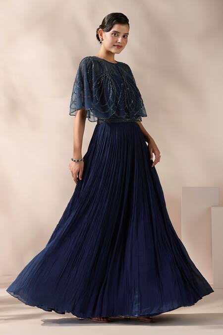 Shop_Chaashni By Maansi And Ketan_Blue Net, Chiffon Sequins, Beads Embroidered Gown And Cape _Online_at_Aza_Fashions