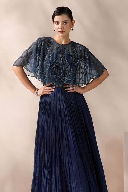 Chaashni By Maansi And Ketan_Blue Net, Chiffon Sequins, Beads Embroidered Gown And Cape _at_Aza_Fashions