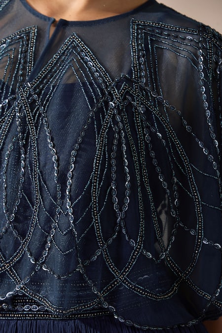 Buy_Chaashni By Maansi And Ketan_Blue Net, Chiffon Sequins, Beads Embroidered Gown And Cape 