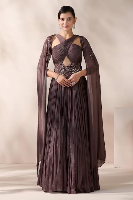 Chaashni by Maansi and Ketan Brown Pleated Halter Neck Gown 