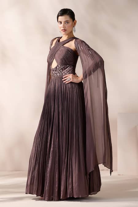 Buy_Chaashni By Maansi And Ketan_Brown Chiffon Cut Work, Sequins, Pearls, Beads Halter Neck Pleated Gown _Online_at_Aza_Fashions