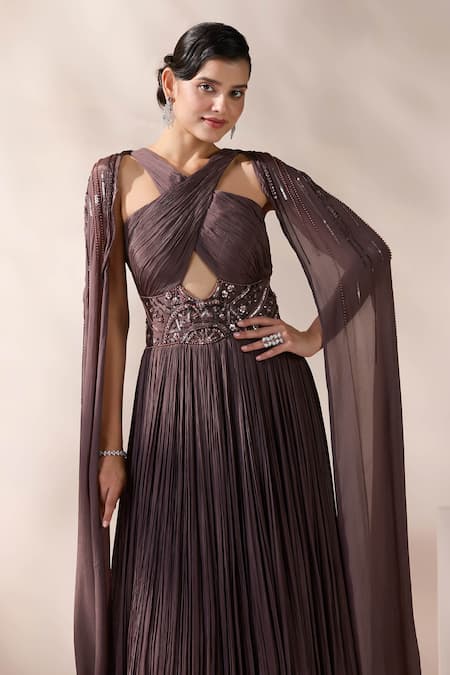 Shop_Chaashni By Maansi And Ketan_Brown Chiffon Cut Work, Sequins, Pearls, Beads Halter Neck Pleated Gown _Online_at_Aza_Fashions