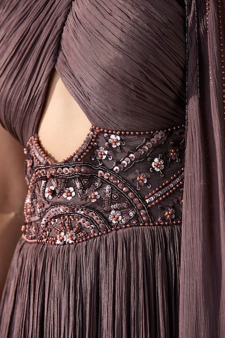 Chaashni By Maansi And Ketan_Brown Chiffon Cut Work, Sequins, Pearls, Beads Halter Neck Pleated Gown _at_Aza_Fashions