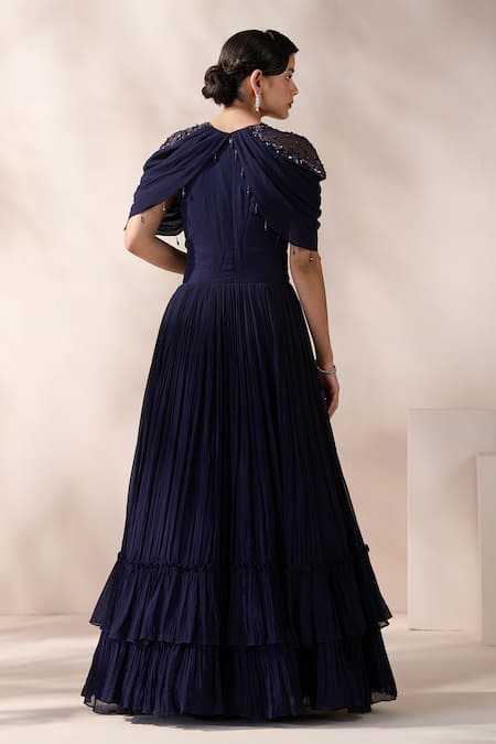 Chaashni By Maansi And Ketan Blue Bead Embroidered Pleated Gown 
