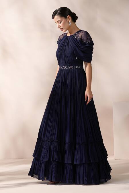 Buy Chaashni By Maansi And Ketan Blue Net, Georgette Cut Work, Pearls, Sequins Bead Embroidered Pleated Gown Online at Aza Fashions Buy_Chaashni By Maansi And Ketan_Blue Net, Georgette Cut Work, Pearls, Sequins Bead Embroidered Pleated Gown _Online_at_Aza_Fashions