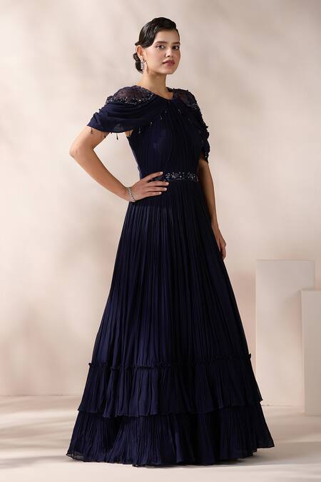 Shop Chaashni By Maansi And Ketan Blue Net, Georgette Cut Work, Pearls, Sequins Bead Embroidered Pleated Gown Online at Aza Fashions Shop_Chaashni By Maansi And Ketan_Blue Net, Georgette Cut Work, Pearls, Sequins Bead Embroidered Pleated Gown _Online_at_Aza_Fashions