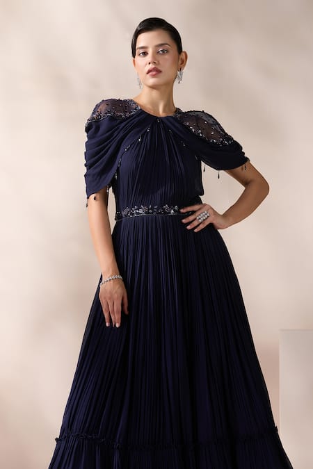 Chaashni By Maansi And Ketan Blue Net, Georgette Cut Work, Pearls, Sequins Bead Embroidered Pleated Gown at Aza Fashions Chaashni By Maansi And Ketan_Blue Net, Georgette Cut Work, Pearls, Sequins Bead Embroidered Pleated Gown _at_Aza_Fashions