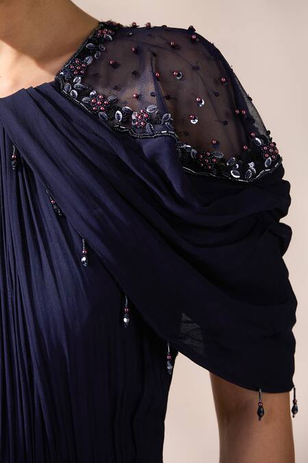 Buy Chaashni By Maansi And Ketan Blue Net, Georgette Cut Work, Pearls, Sequins Bead Embroidered Pleated Gown Buy_Chaashni By Maansi And Ketan_Blue Net, Georgette Cut Work, Pearls, Sequins Bead Embroidered Pleated Gown