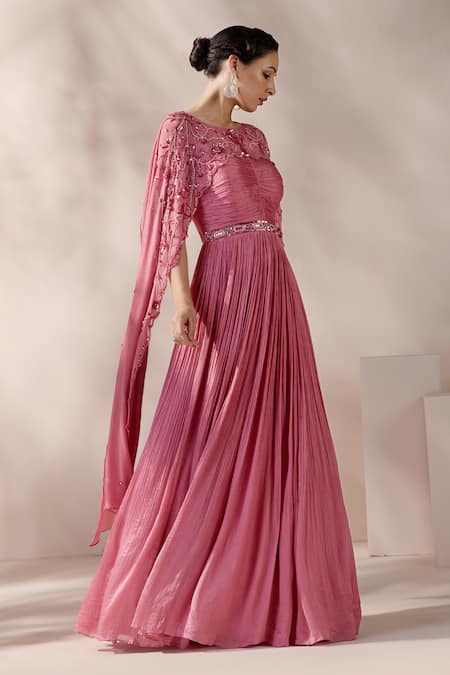 Shop Chaashni By Maansi And Ketan Pink Chiffon Cut Work, Sequins, Beads Round Embroidered Cape And Pleated Gown Online at Aza Fashions Shop_Chaashni By Maansi And Ketan_Pink Chiffon Cut Work, Sequins, Beads Round Embroidered Cape And Pleated Gown _Online_at_Aza_Fashions