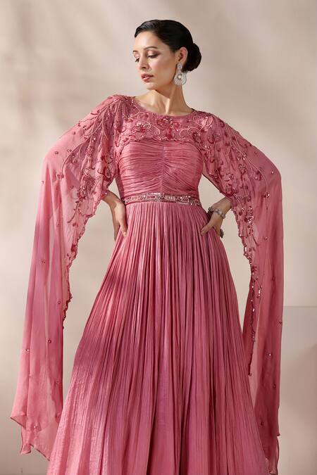 Chaashni By Maansi And Ketan Pink Chiffon Cut Work, Sequins, Beads Round Embroidered Cape And Pleated Gown at Aza Fashions Chaashni By Maansi And Ketan_Pink Chiffon Cut Work, Sequins, Beads Round Embroidered Cape And Pleated Gown _at_Aza_Fashions