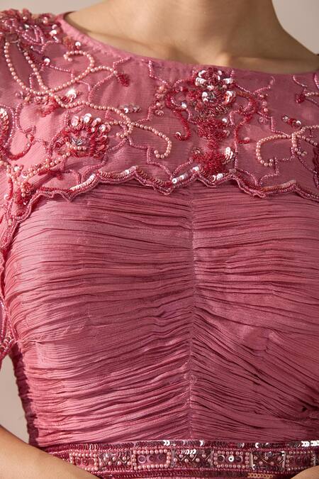 Buy Chaashni By Maansi And Ketan Pink Chiffon Cut Work, Sequins, Beads Round Embroidered Cape And Pleated Gown Buy_Chaashni By Maansi And Ketan_Pink Chiffon Cut Work, Sequins, Beads Round Embroidered Cape And Pleated Gown
