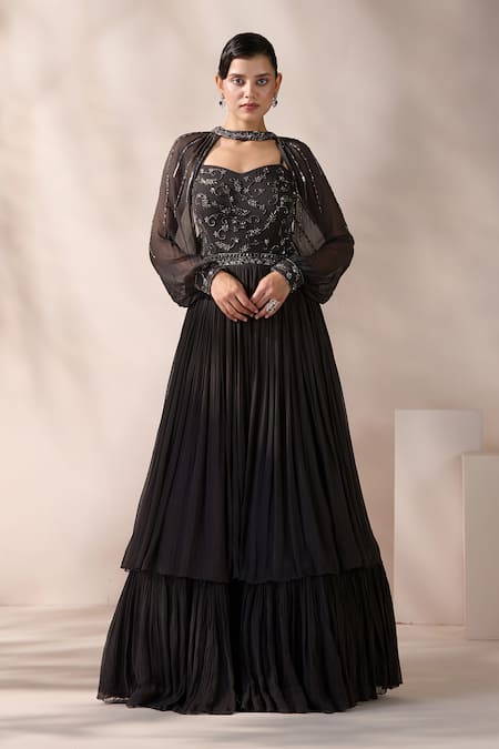 Chaashni by Maansi and Ketan Nalki Embroidered Tiered Gown With Cape 