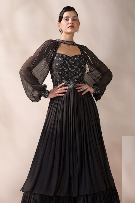 Chaashni By Maansi And Ketan_Black Georgette Sequins, Beads Sweetheart Nalki Embroidered Tiered Gown And Cape _at_Aza_Fashions
