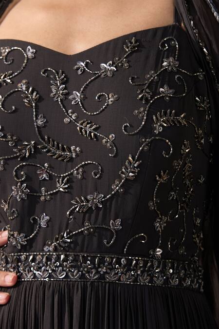Buy_Chaashni By Maansi And Ketan_Black Georgette Sequins, Beads Sweetheart Nalki Embroidered Tiered Gown And Cape 