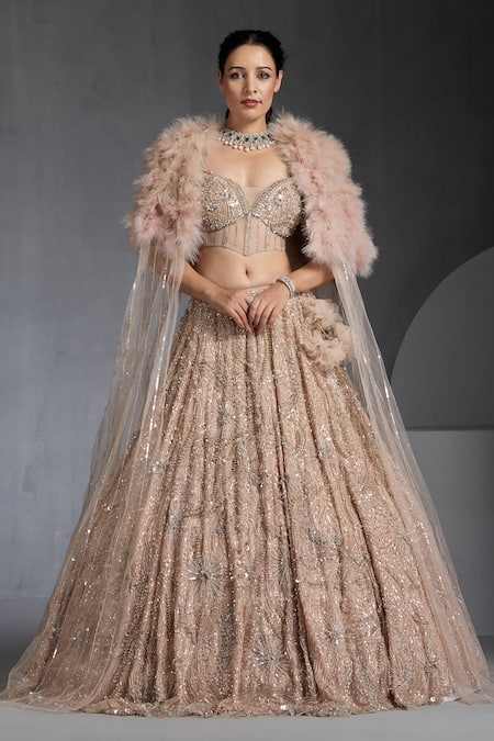 Chaashni by Maansi and Ketan Feathered Cape & Sequin Embroidered Lehenga Set 