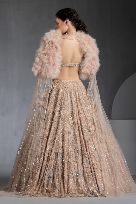 Chaashni By Maansi And Ketan Feathered Cape & Sequin Embroidered Lehenga 