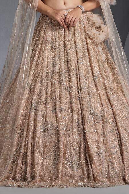 Buy_Chaashni By Maansi And Ketan_Brown Net Cut Work, Sequins, Beads Feathered Cape And Embroidered Lehenga _Online_at_Aza_Fashions