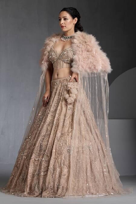 Shop_Chaashni By Maansi And Ketan_Brown Net Cut Work, Sequins, Beads Feathered Cape And Embroidered Lehenga _Online_at_Aza_Fashions