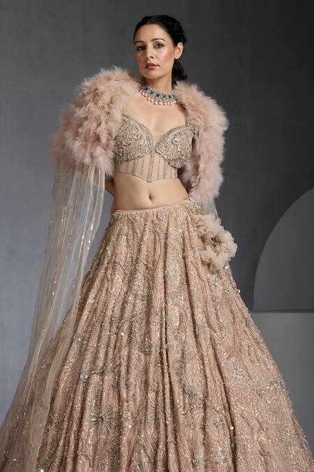 Chaashni By Maansi And Ketan_Brown Net Cut Work, Sequins, Beads Feathered Cape And Embroidered Lehenga _at_Aza_Fashions