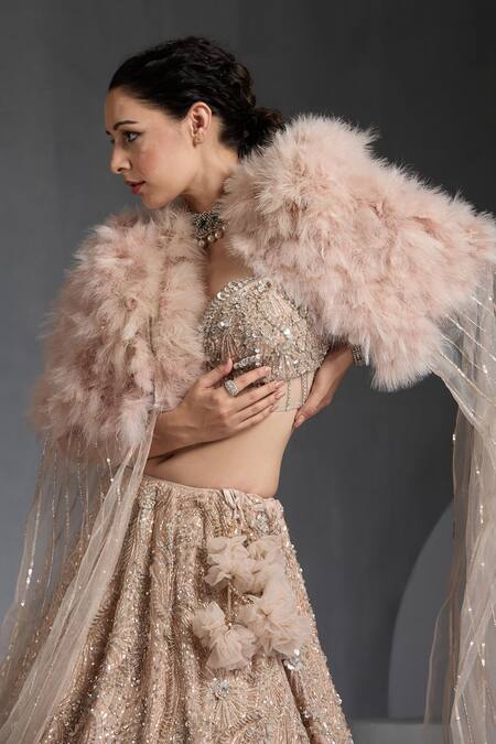 Buy_Chaashni By Maansi And Ketan_Brown Net Cut Work, Sequins, Beads Feathered Cape And Embroidered Lehenga 