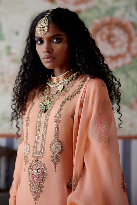 Pooja Singhal_Peach Silk, Organza Sequins, Patchwork, Embroidery Split Marori Kurta Set _Online_at_Aza_Fashions