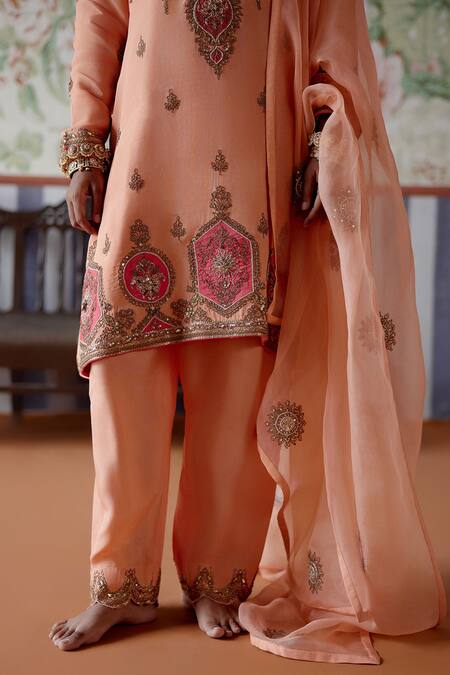 Buy_Pooja Singhal_Peach Silk, Organza Sequins, Patchwork, Embroidery Split Marori Kurta Set _Online_at_Aza_Fashions
